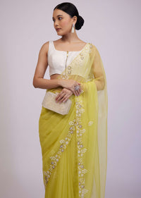 Pista Yellow Saree In Organza With Moti And Pearl Embroidery