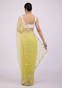 Pista Yellow Saree In Organza With Moti And Pearl Embroidery