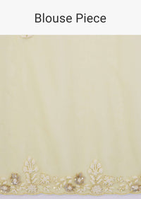 Pista Yellow Saree In Organza With Moti And Pearl Embroidery