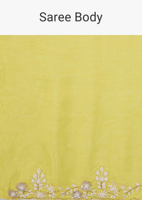 Pista Yellow Saree In Organza With Moti And Pearl Embroidery