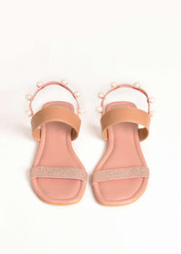 Pink And Rose Gold Ankle Strap Flats With Glitter And Pearls By Sole House