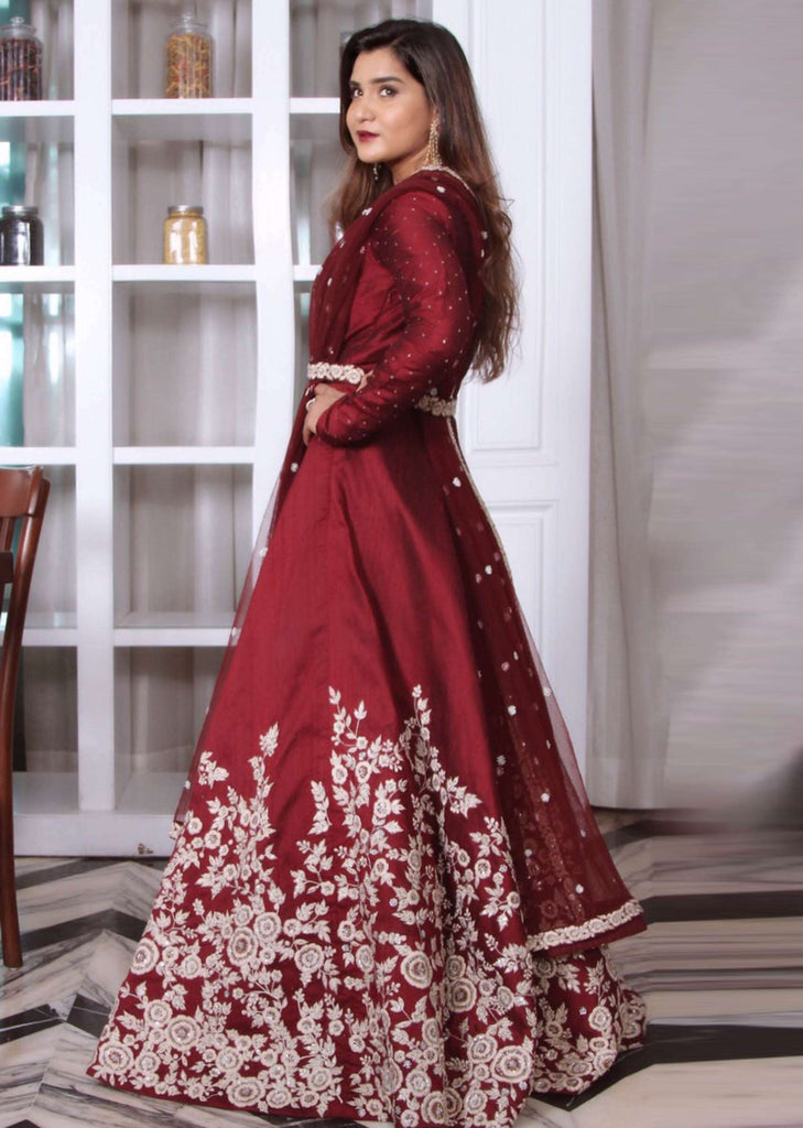 Anarkali suit in maroon raw silk with embroidered belt only on Kalki