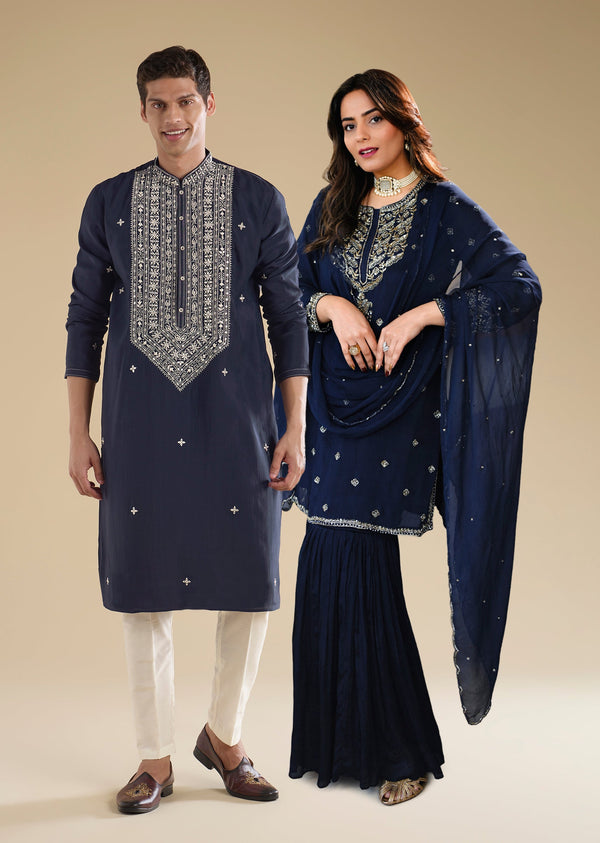 Classic Navy Evening Couple Set – Navy Blue Chinon Sharara Suit with Cutdana and Sequin Embroidery for Her And Navy Blue Classic Kurta Set for Him