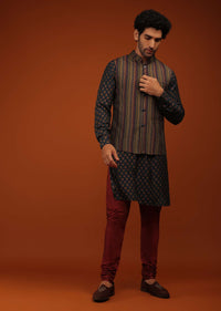 Insign Blue Nehru Jacket And Kurta Set In Striped Hand Block Print, Blue Kurta In Mandarin Collar Neckline And Full Sleeves.