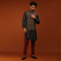 Insign Blue Nehru Jacket And Kurta Set In Striped Hand Block Print, Blue Kurta In Mandarin Collar Neckline And Full Sleeves.