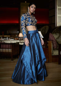 Mid night blue lehenga with embroidered crop top only on Kalki