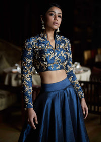 Mid night blue lehenga with embroidered crop top only on Kalki