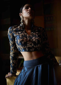 Mid night blue lehenga with embroidered crop top only on Kalki