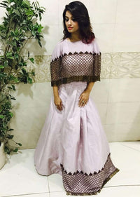Light purple Raw Silk Top and Skirt with Cut Dana Embellished Net Cape Only on Kalki