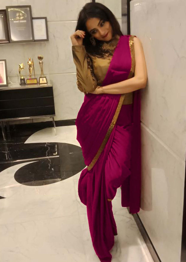 Purple saree gown with pre stitched pleats and cut dana embroidered bodice only on Kalki