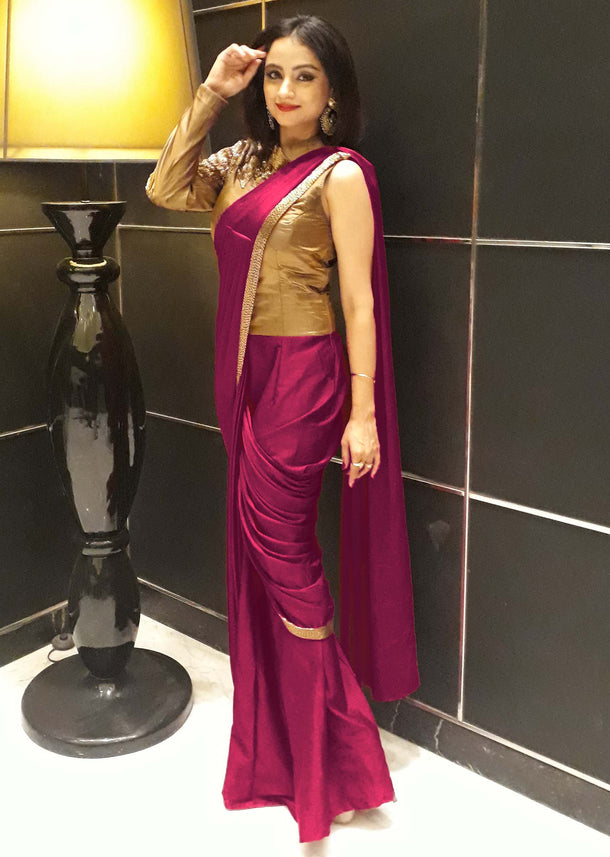 Purple saree gown with pre stitched pleats and cut dana embroidered bodice only on Kalki