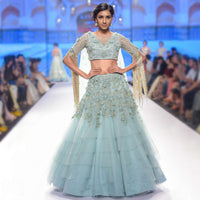 Aviary Blue Layered Lehenga Set In Net Adorned With 3 D Embroidered Flowers And Veils Online - Kalki Fashion