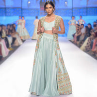 Irish Mint Skirt In Heavy Dupion And Bustier With Long Embroidered Jacket Online - Kalki Fashion