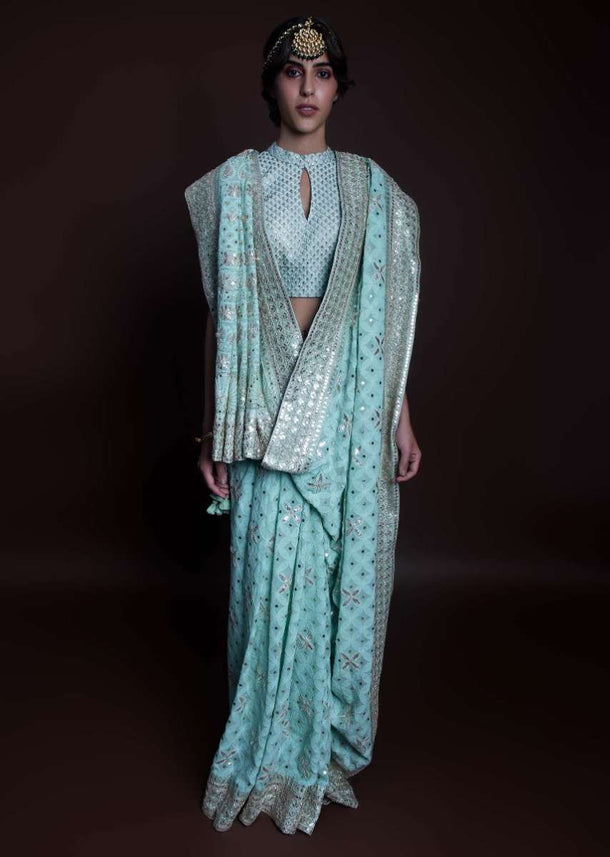 Mint green saree in lucknowi embroidered georgette  Online - Kalki Fashion