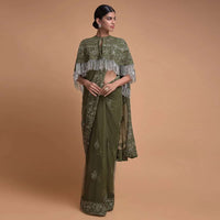 Olive Green Saree In Net With Matching Cape Having Floral Jaal Embroidery Online - Kalki Fashion