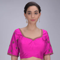 Hot Pink Blouse In Embroidered Raw Silk