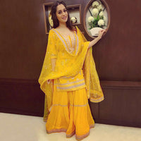 Dipika Kakar in Kalki butter yellow brocade sharara set