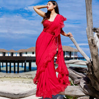 Bright Red Ready Pleated Saree With Ruffled Pallo Paired With A Strapless Hand Embroidered Blouse