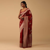 Brick Red Saree In Dola Silk With Embroidered Floral Buttas