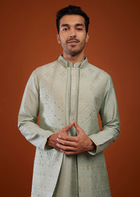 Moss Green Bandi Jacket Kurta Set In Cotton Silk With Embroidery