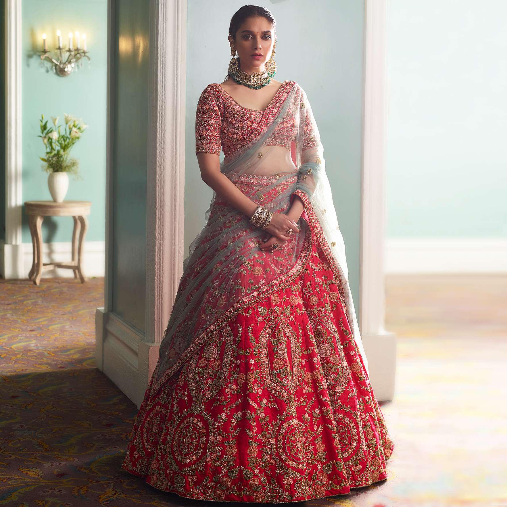 Aditi Rao Hydari In Kalki Crimson Red Lehenga in Raw Silk With Intricately Hand Embroidered Floral Pattern