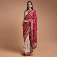 Ivory Beige And Red Half And Half Saree In Silk With Bandhani Print And Weaved Floral Buttis Online - Kalki Fashion