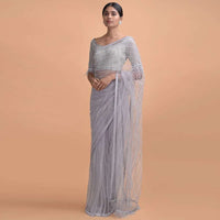 Cloud Grey Saree In Net With Kundan Work In Stripes Pattern And Feathers On The Pallu Online - Kalki Online