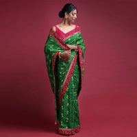 Forest Green Saree In Silk With Weaved Floral Buttis And Bandhani Printed Border Online - Kalki Fashion