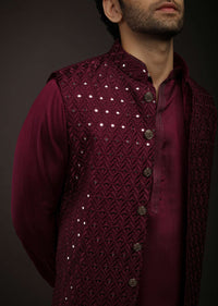 Wine Nehru Jacket Set In Raw Silk With Resham And Mirror Embroidered Geometric Jaal And Aligarh Pants