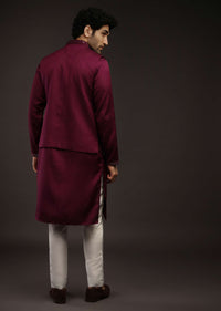 Wine Nehru Jacket Set In Raw Silk With Resham And Mirror Embroidered Geometric Jaal And Aligarh Pants