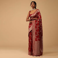 Scarlet Red Dola Silk Saree With Silver And Gold Jaal Pattern