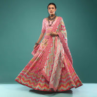 Bubblegum Pink Multicolored Jaiprint Lehenga In Sequins Embroidery, Paired With A Choli And Dupatta In Sequins, Cut Dana And Moti Embroidery