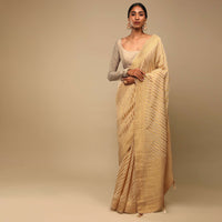Gold Saree In Georgette With Woven Diagonal Stripes, Floral Pallu And Unstitched Blouse