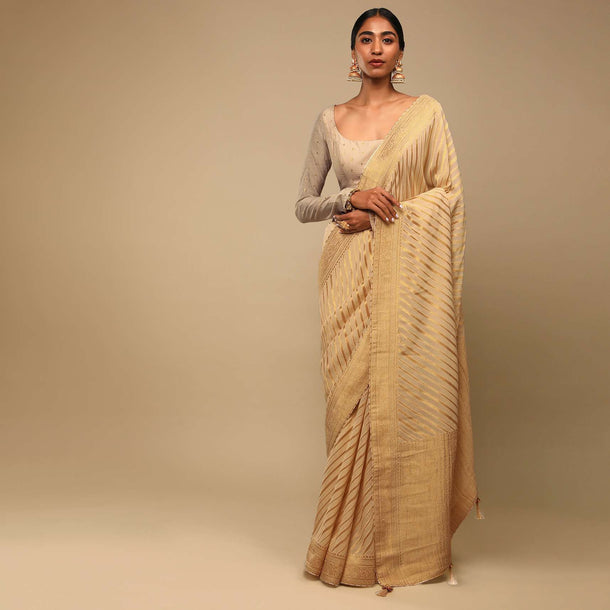 Gold Saree In Georgette With Woven Diagonal Stripes, Floral Pallu And Unstitched Blouse
