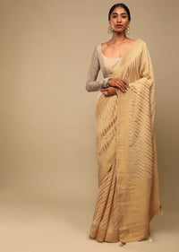 Gold Saree In Georgette With Woven Diagonal Stripes, Floral Pallu And Unstitched Blouse