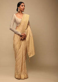 Gold Saree In Georgette With Woven Diagonal Stripes, Floral Pallu And Unstitched Blouse