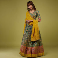 Moss Green With A Ocher Yellow Patola Print Anarkali Set In Cotton Silk