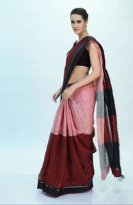 Multi color linen saree with contrasting black border in mirror embroidery only on Kalki