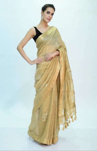 Gold linen saree with embroidered butti only on Kalki