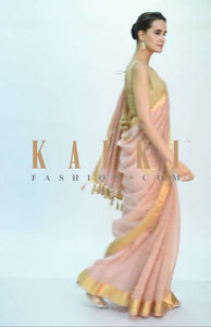 Pale peach linen saree with cut dana and zari butti only on Kalki