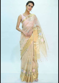 Peach organza saree in multi color floral jaal embroidery only on kalki