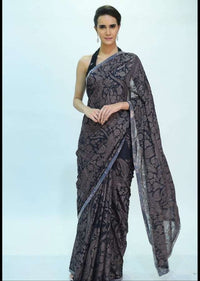 Graphite grey georgette saree in thread jaal embroidery only on kalki