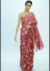 Rustic pink linen saree in floral jaal embroidery only on kalki