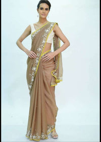 Peanut brown organza saree with floral embroidered border only on kalki