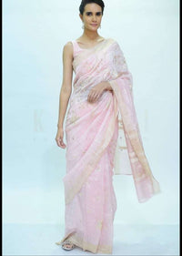 Baby pink linen saree with embroidered butti only on kalki