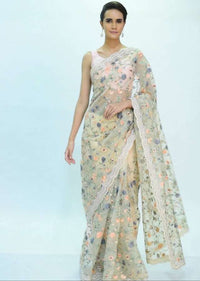 Cream organza saree with floral jaal work only on kalki