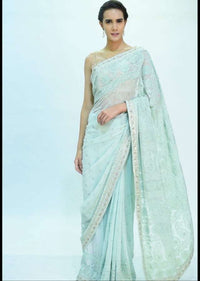 Sea green georgette saree in lucknowi embroidery only on kalki