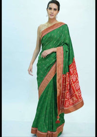 Forest green silk saree with red bandhani printed pallo only on kalki