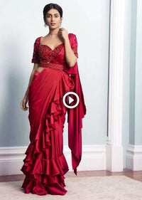 Adah Sharma In Kalki Cherry Red Saree In Satin With Stitched Ruffle Pallu Embellished Blouse And Belt