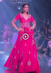 Fuschia Rose Lehenga And Peplum Top With Hand Embroidered Embossed Work